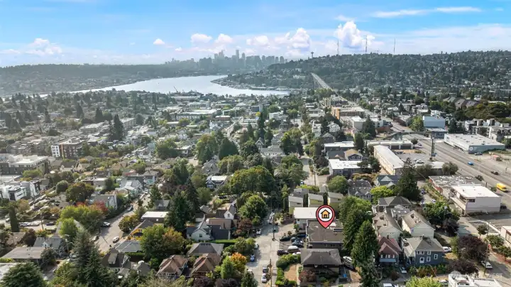 Aerial drone photo to show condo building proximity to the downtown Seattle