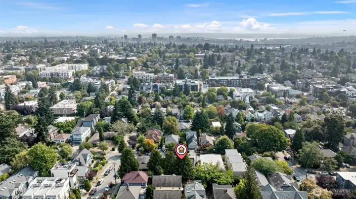 Aerial drone facing east towards Lake WA and UW