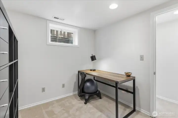 Lower level bedroom #1 staged as an office