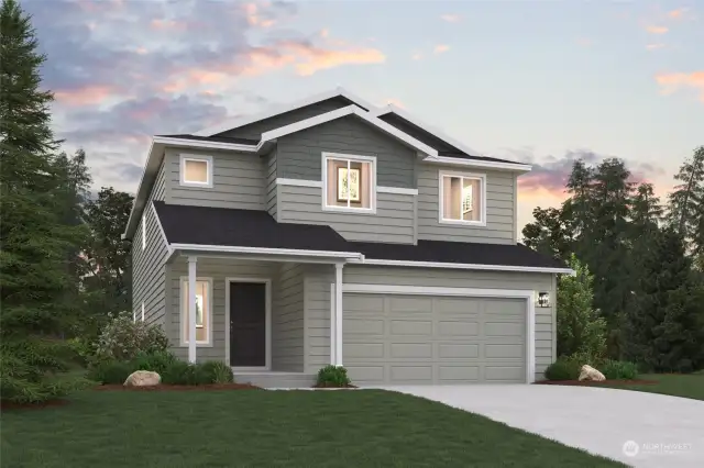 Finley 2378- Elevation B Rendering- Depictions of homes or other features are artist conceptions. Hardscape,  landscape, and other items shown may be decorator suggestions that are  not included in the purchase price and availability may vary. No view is  promised. Views may also be altered by subsequent development,  construction and tree growth and landscaping.