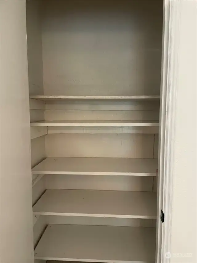 Where is your pantry? Right next to the kitchen. Convenient and deep, shelves are movable for any Costco runs you have in mind.