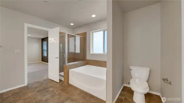 Glass shower and garden tub in the primary suite