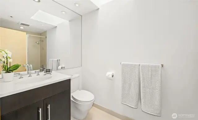 The full bathroom on the main level with heated floors.