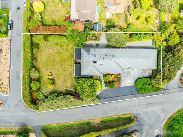An aerial view of the property showing the approximate lot lines.
