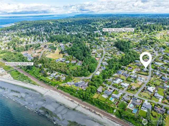 An aerial shot showing proximity to IA community amenities and Richmond Beach Park.