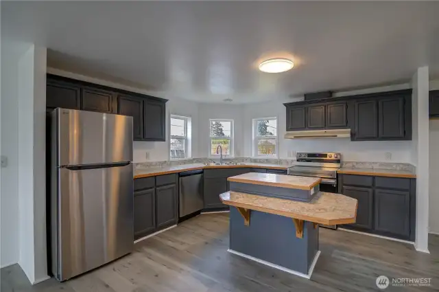 Spacious Kitchen with new appliances, and new laminated counter tops. Lots of storage.
