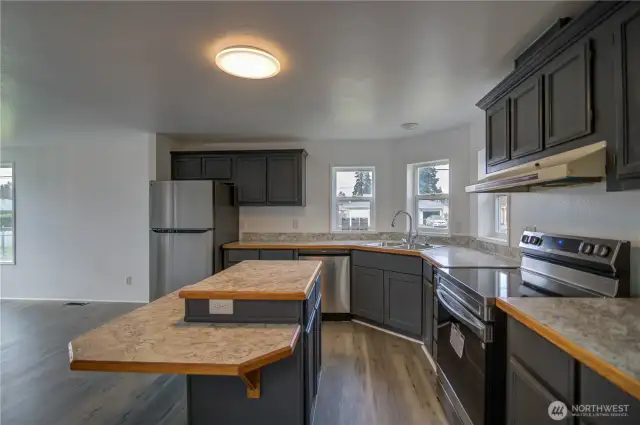 Freshly painted kitchen cabinets.