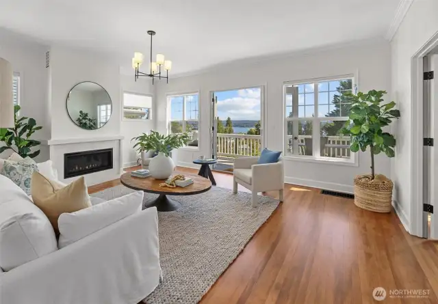 Gorgeous living room with gas fireplace and vistas.