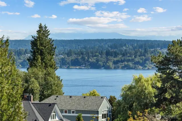 Lake Washington, downtown Bellevue and Cascade Mountains.