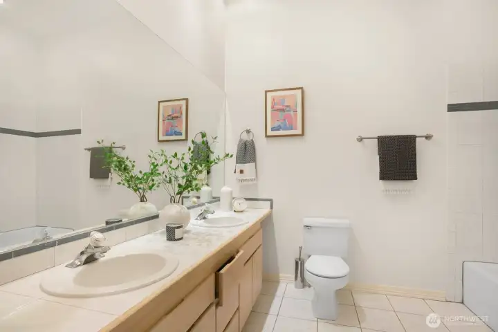 The primary bath has double sinks.