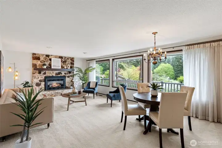 The dining room/living room is quite large and enjoys expansive views as well.  A gas fireplace keeps things cozy and warm on gray Pacific Northwest days.