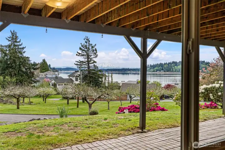 Step outside to the brick patio, where Mt. Rainier can be enjoyed and appreciated. Notice the neighbor's orchard, which is delightful to see from this space.