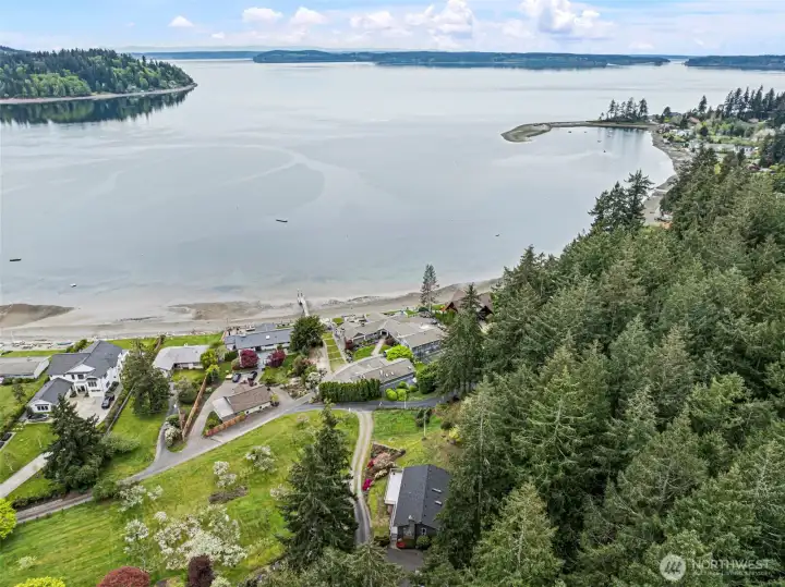 The home is situated on a hill overlooking Hale Passage, Fox Island, Mt. Rainier, and the neighbor's iconic orchard.