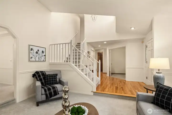 The front entry way with refinished hardwood floors
