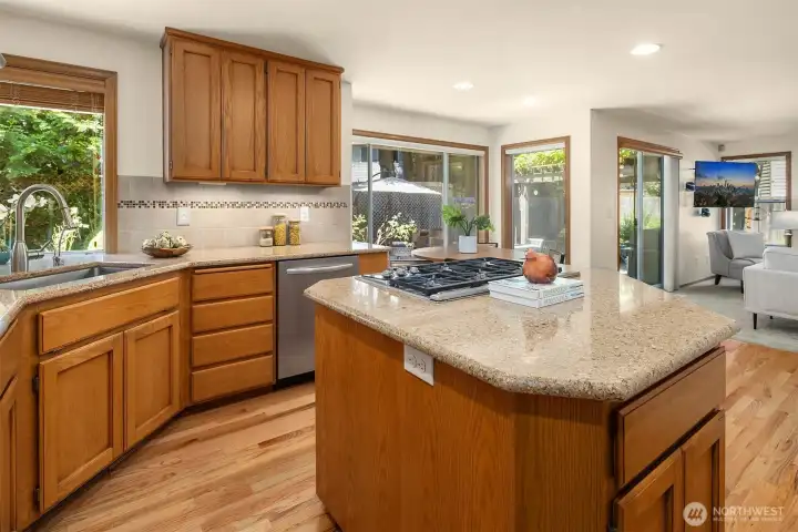 Open and spacious kitchen with Quartz Counters, hardwood floors, center island with gas cooktop & downdraft venting, and a nice sink area with views out into the backyard.