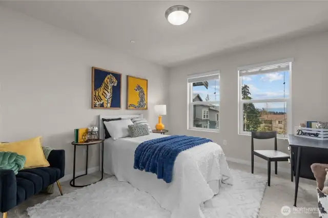 Well-sized second bedroom with plush carpet and make sure to catch the tranquil view of the mountains.