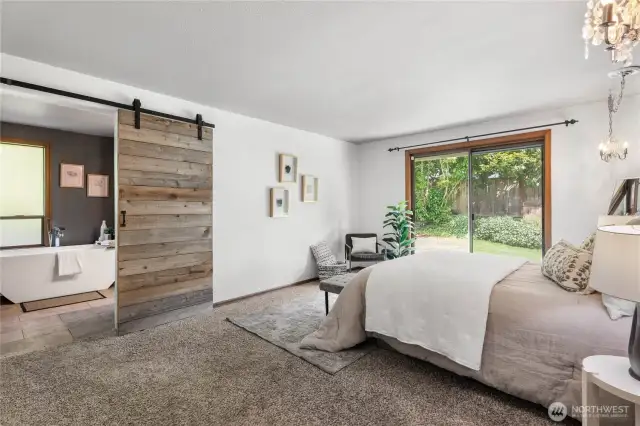 Stylish door leading to amazing bathroom/walk in closet