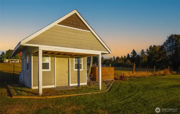 Storage shed in backyard.