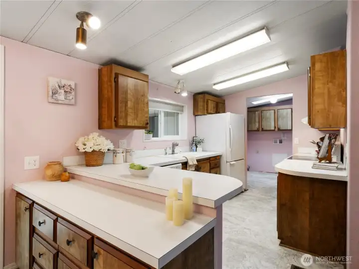 This efficient kitchen has lots of storage and counterspace.