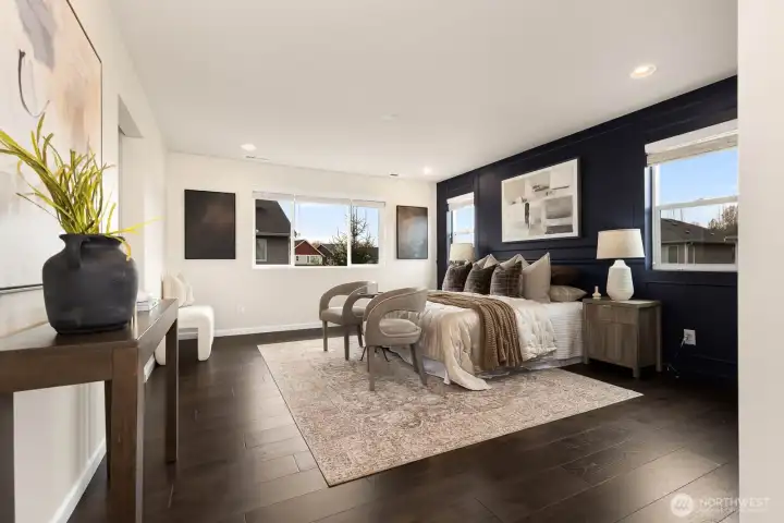 Large primary bedroom, hardwood floors