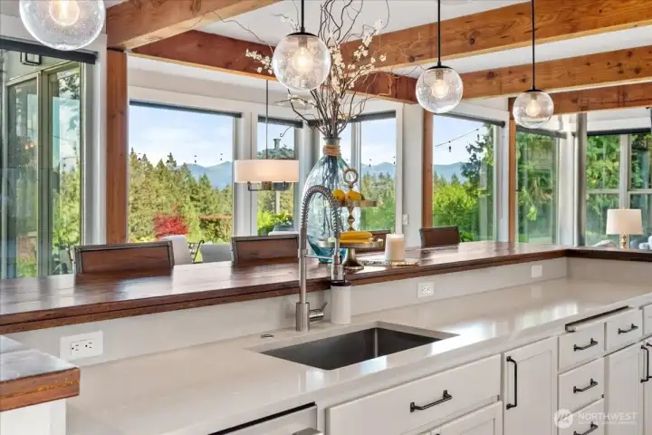 Beautifully updated kitchen with vintage wood countertops.