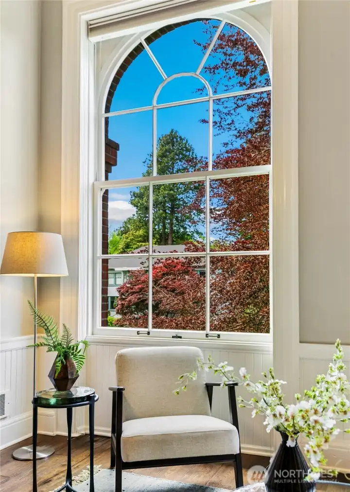 The home's signature Palladian window recalls the building's educational past while introducing extraordinary scale and architectural drama to everyday life.