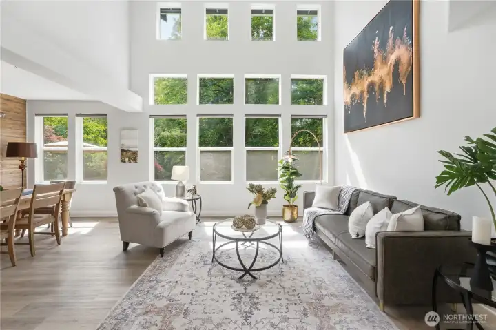 Soaring clerestory windows fill the room with light and open to peaceful, neighbor-free greenbelt views. Soaring clerestory windows fill the room with light and open to peaceful, neighbor-free greenbelt views.