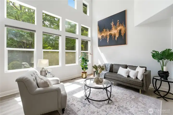 Light pours through tall windows, giving the living room an airy, elegant feel. Light pours through tall windows, giving the living room an airy, elegant feel.