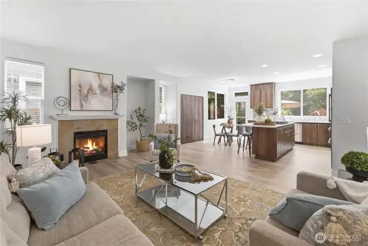 Open family room and kitchen with eating space, complete with backyard patio access and a spacious walk-in pantry. Open family room and kitchen with eating space, complete with backyard patio access and a spacious walk-in pantry.