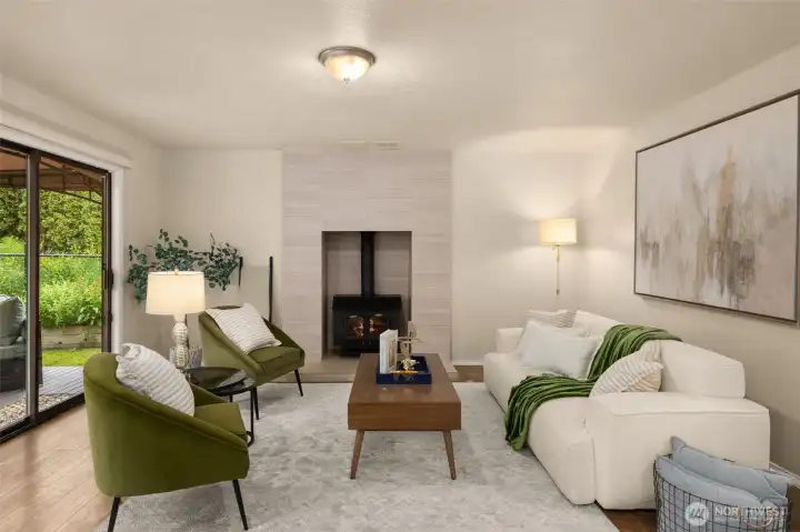 A second gathering space and fireplace for cozy evenings