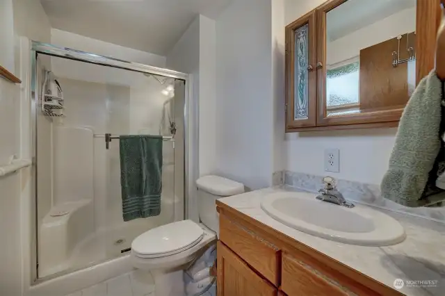 An easy walk-in shower and mirrored cabinet and vanity storage.
