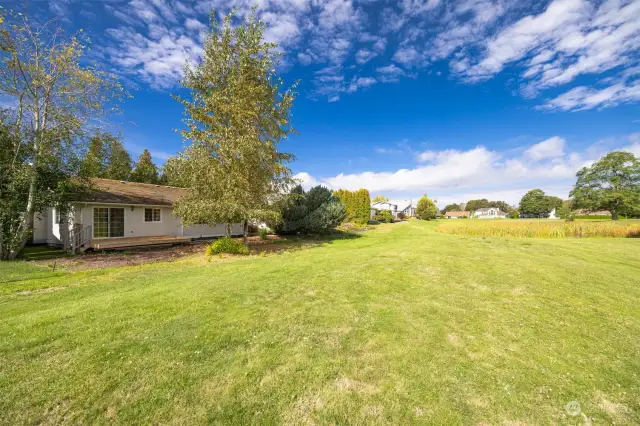 Looking from the open space toward the home with the pond to the right.