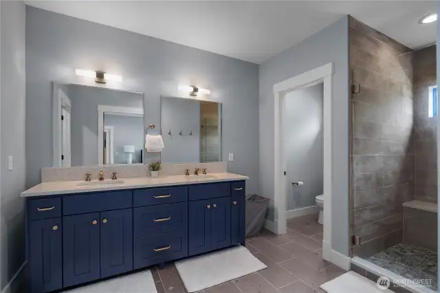 Primary Suite bathroom. Glass shower and double sink!