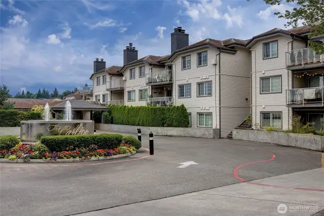 The Carlton entrance, guest parking around circular drive.