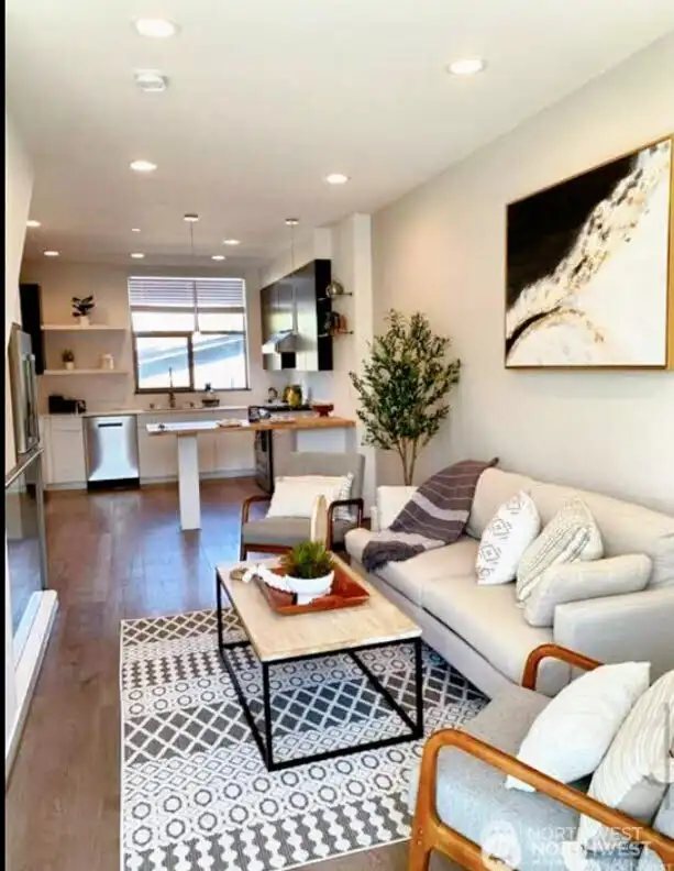 Main dining area and kitchen.