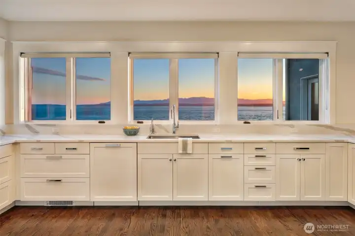 At sunset in the west facing kitchen.