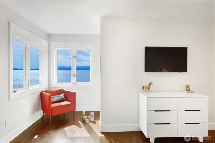 A reading nook looking out at the Sound.