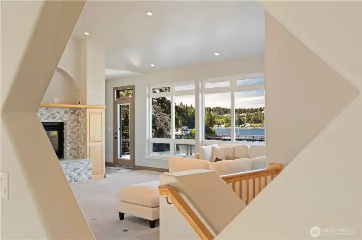 Well thought out cased wall opening frames the stunning view.