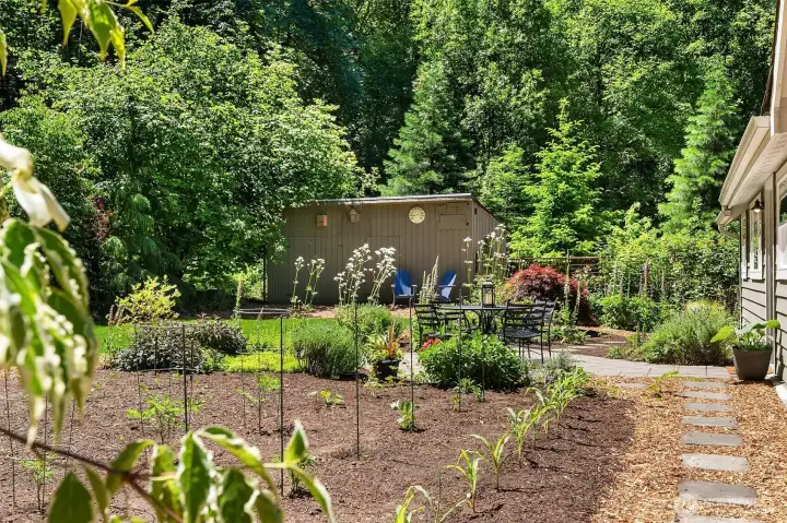 Vegetable Garden, Fruit Trees, Perennials & Much More! Garden Shed