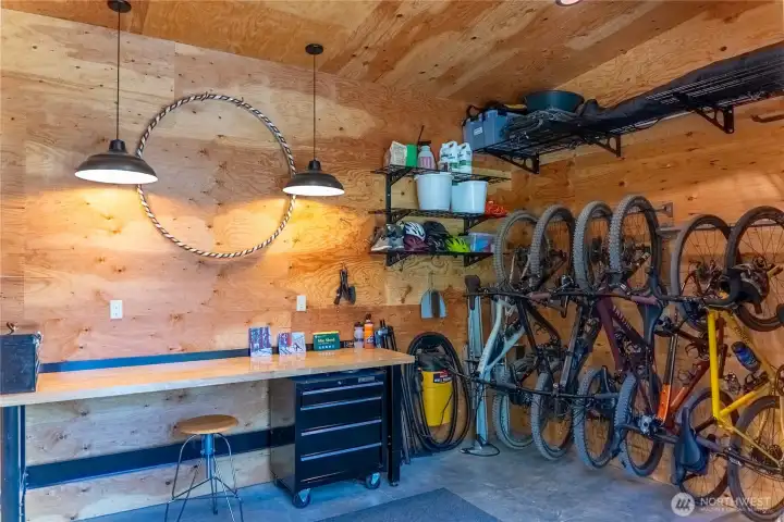 The gear shed has ample room for all of your bikes, skis, tools and recycling. The gear shed has ample room for all of your bikes, skis, tools and recycling.