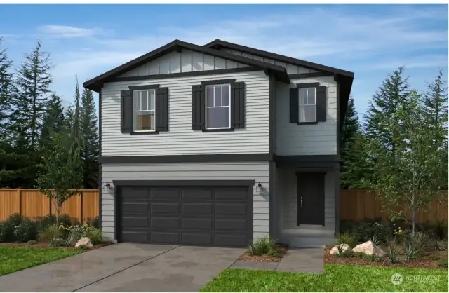 This is a rendering and an example of Elevation B , color Scheme E. Image not of actual home, for visualization. Colors and materials are subject to change.