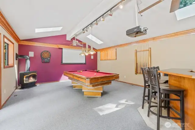 Game room with projection TV, corner fireplace and wet bar