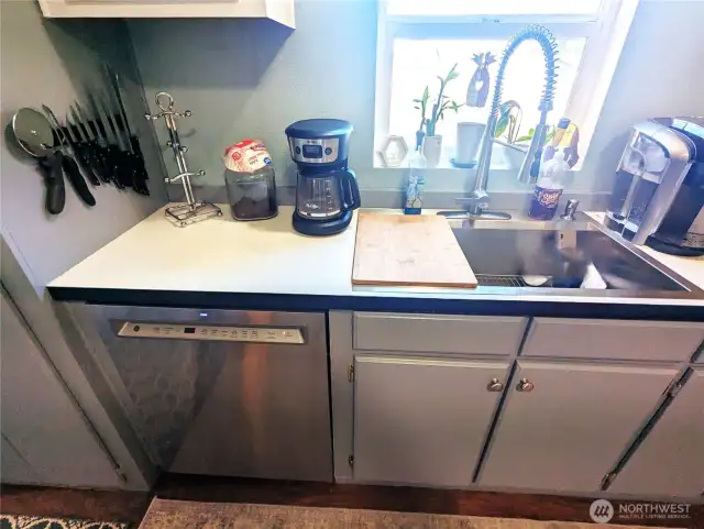 Stainless dishwasher and pot filler faucet into single compartment sink