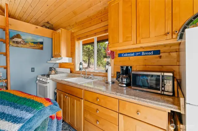 Kitchen is bathed in natural light.