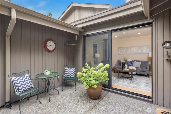 Another look at the front patio and its connection to the family room.