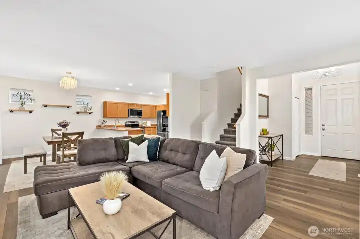 Entry, living room, dining room and kitchen.