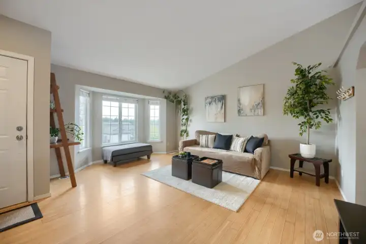 Nice sized living room at entry with updated, bayed window, faux wood blinds throughout, bamboo style flooring, white wood window sills & trim, true vaulted ceilings.