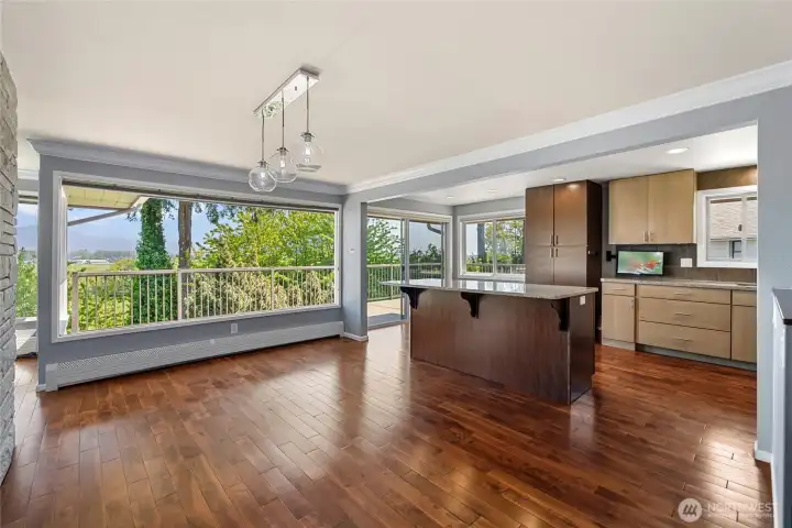 View from the front door into the dining room and kitchen