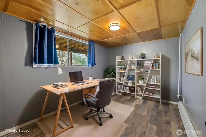 Downstairs flex room. Could be storage, office, a room for pets. It is located off of the mechanical room with the heating boiler and back door.
