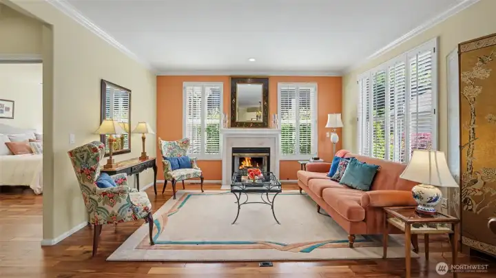 In the center of the living room is a gas fireplace
